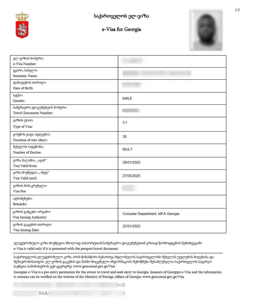 Sample Georgia eVisa document